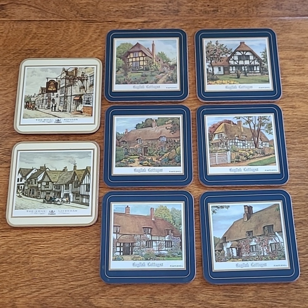 PIMPERNEL Vintage Set of 6 English Cottages & 2 English Inn Cork Backed Coasters